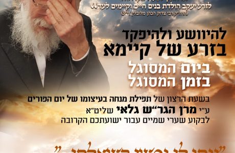 בזמן המסוגל לישועות יתפלל הגר"ש גלאי למען תורמי 'בוני עולם' בעיצומו של יום הפורים